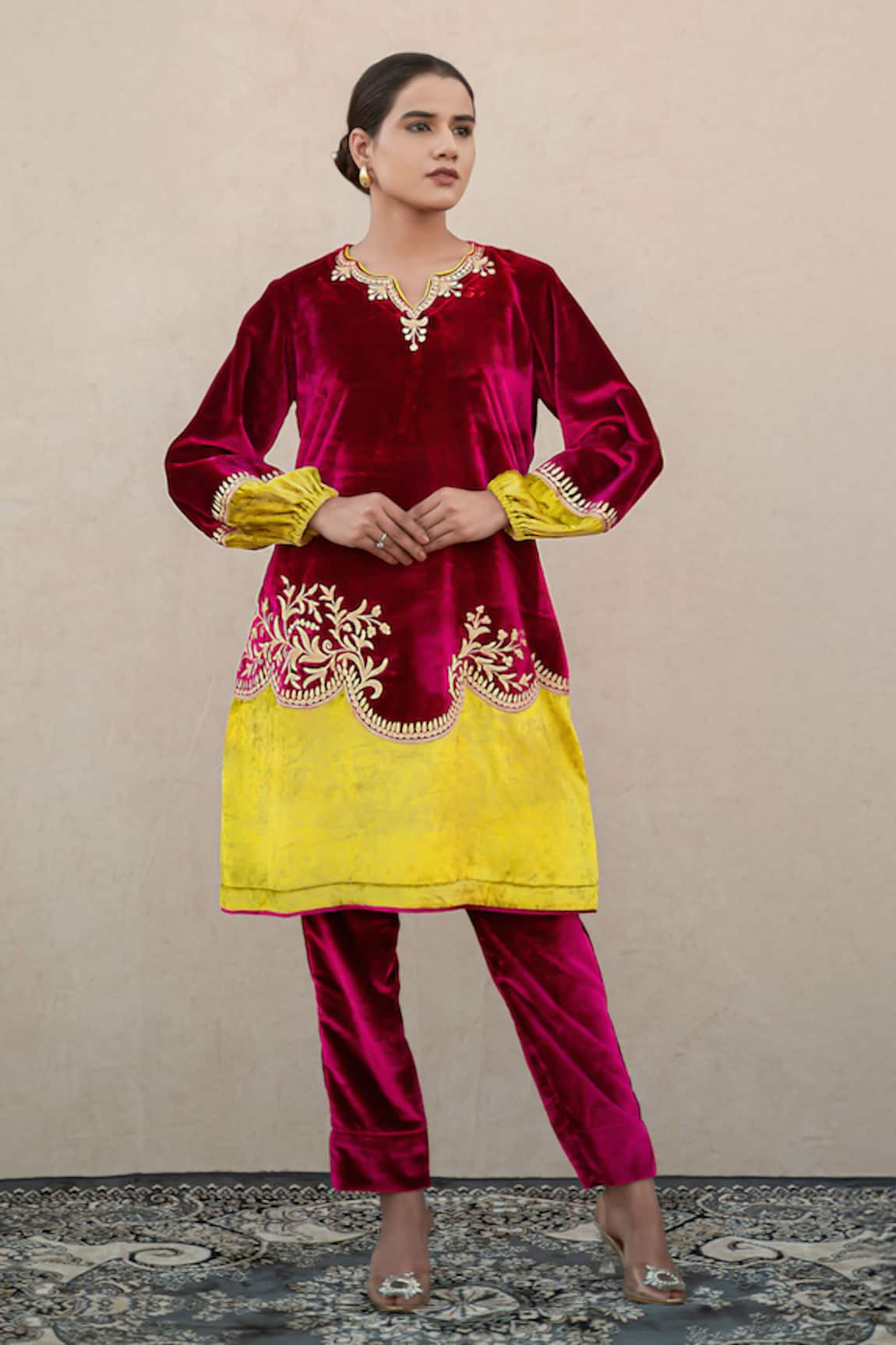 Wazir C Velvet Kashmiri Tilla Embroidered Kurta & Pant Set