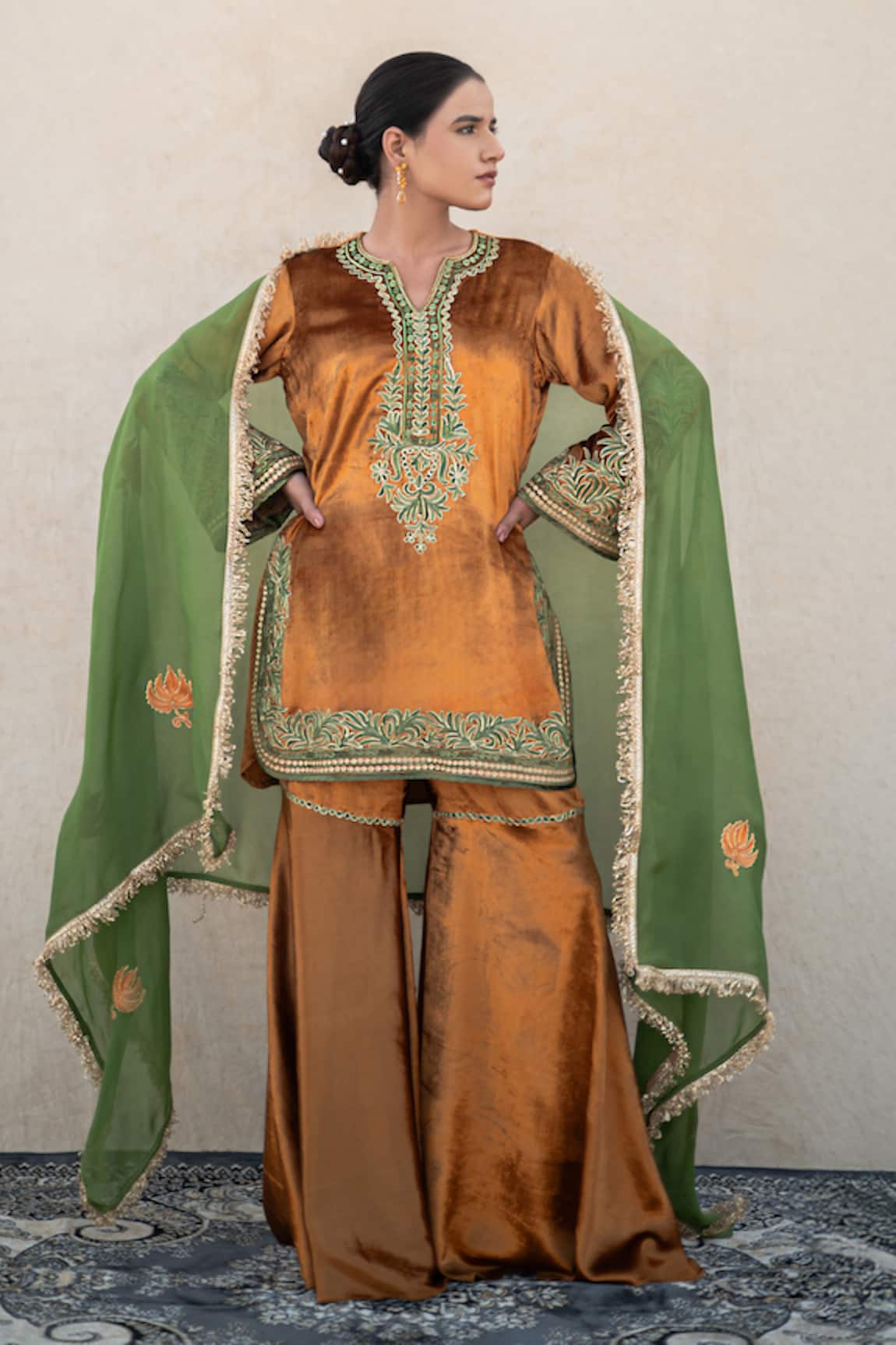 Wazir C Aari Embroidered Kurta Sharara Set