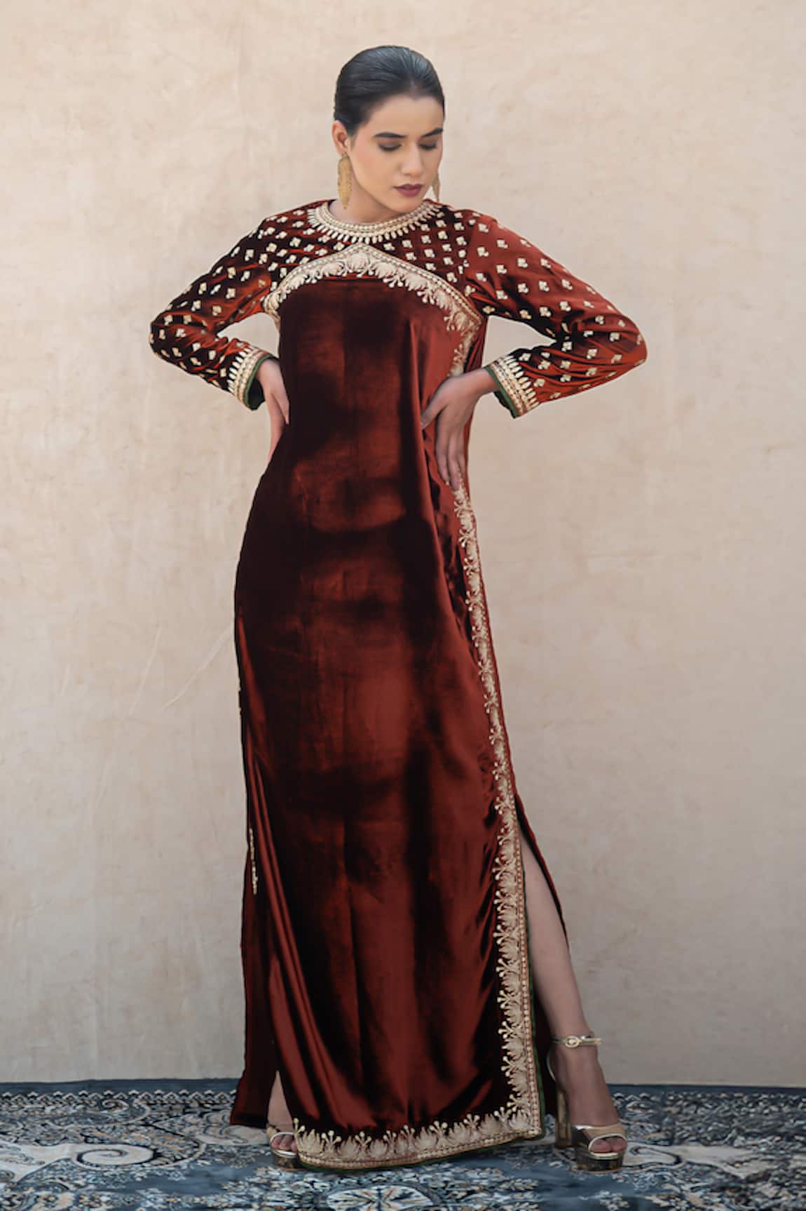 Wazir C Velvet Kashmiri Golden Tilla Embroidered Dress