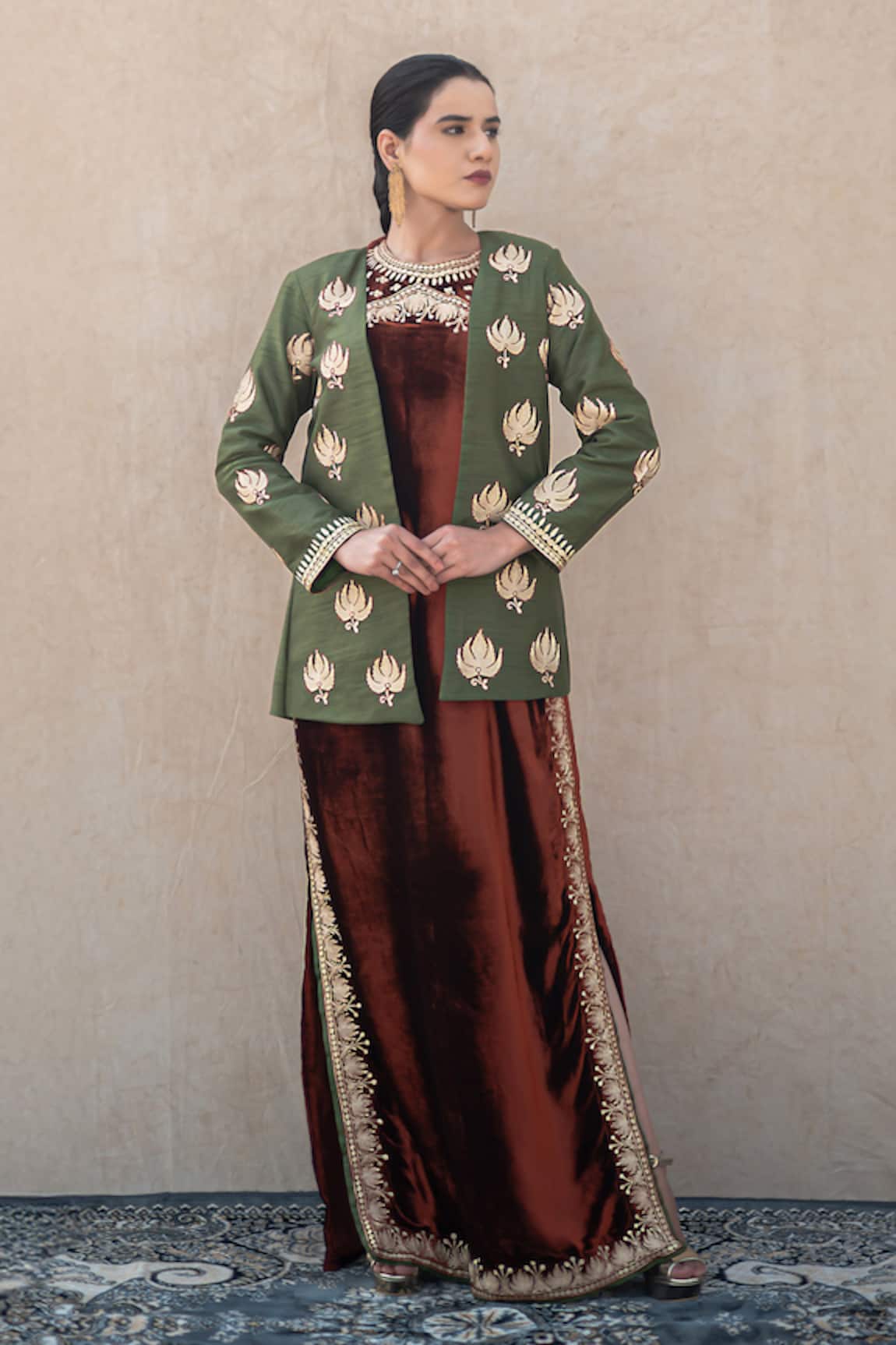 Wazir C Kashmiri Tilla Embroidered Maxi Dress With Jacket