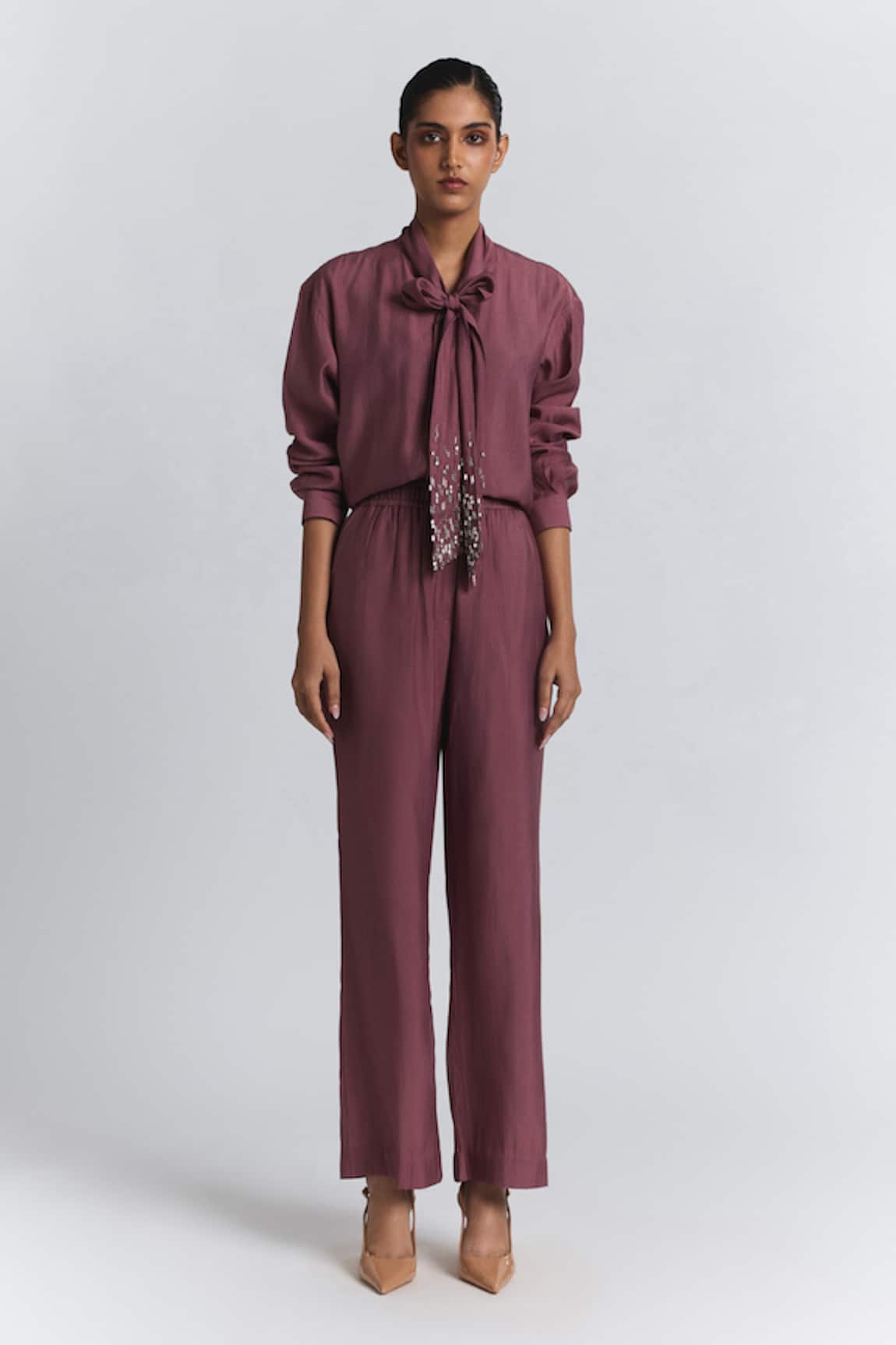 Line Out Line Chanderi Bow Tie Shirt & Pant Set