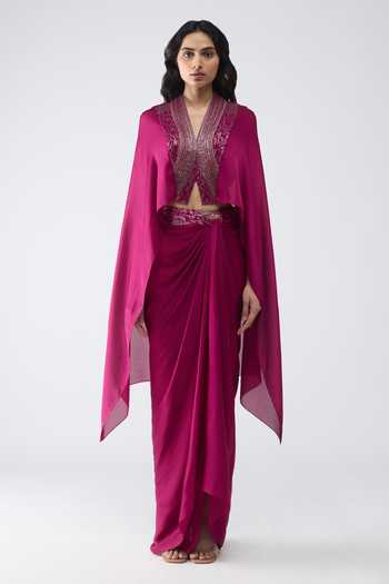 Amit Aggarwal Cropped Cape & Banarasi Draped Skirt Set