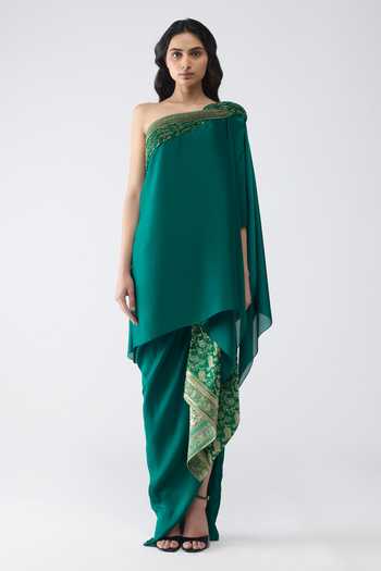 Amit Aggarwal Banarasi One Shoulder Cape & Skirt Set