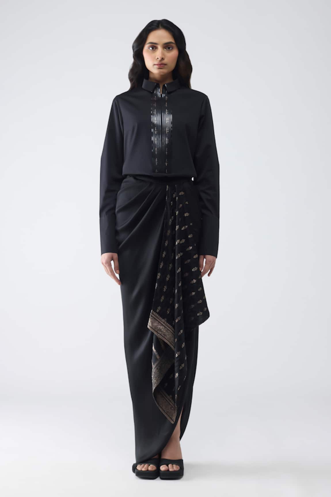 Amit Aggarwal Metallic Shirt With Banarasi Skirt 