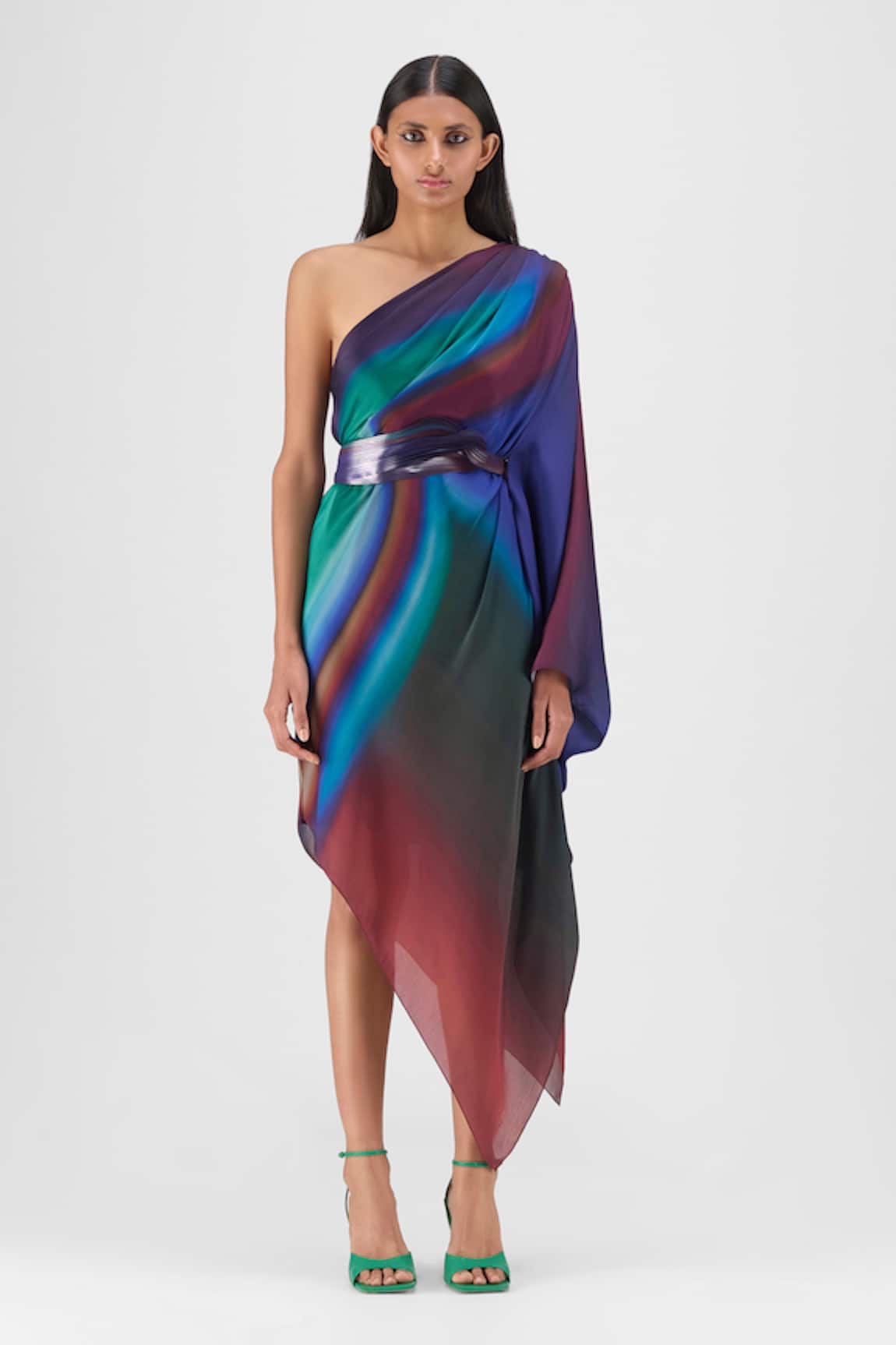 Amit Aggarwal Metallic One Shoulder Watercolor Dress 