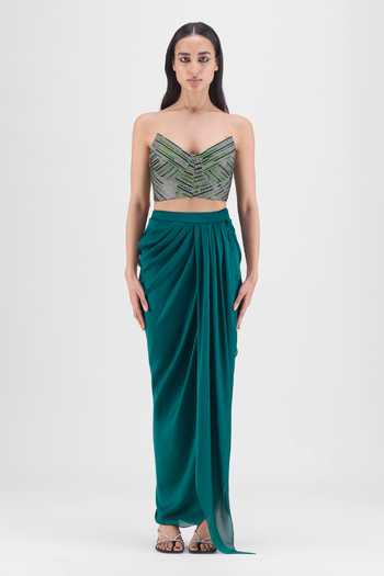 Amit Aggarwal Handwoven Metallic Bustier & Draped Skirt Set