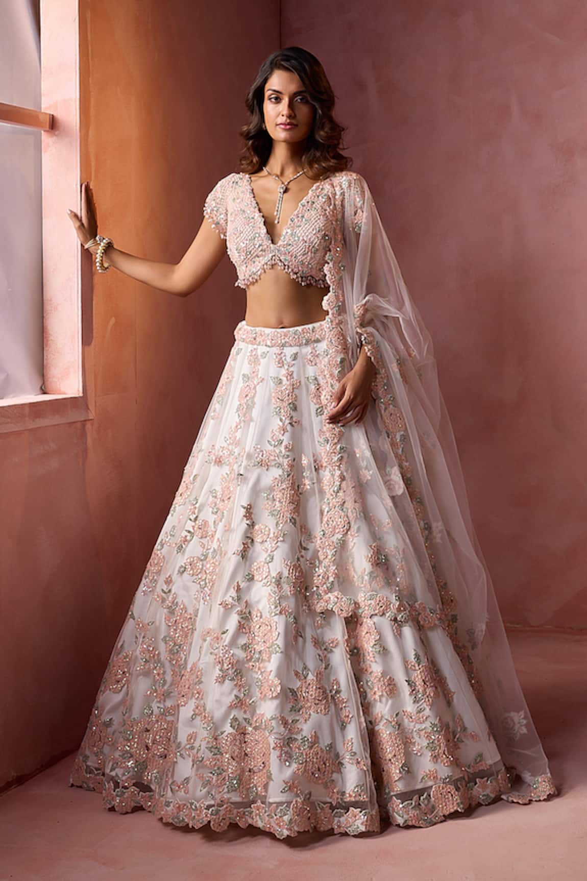 Nitika Gujral White Leather Applique Lehenga Set 