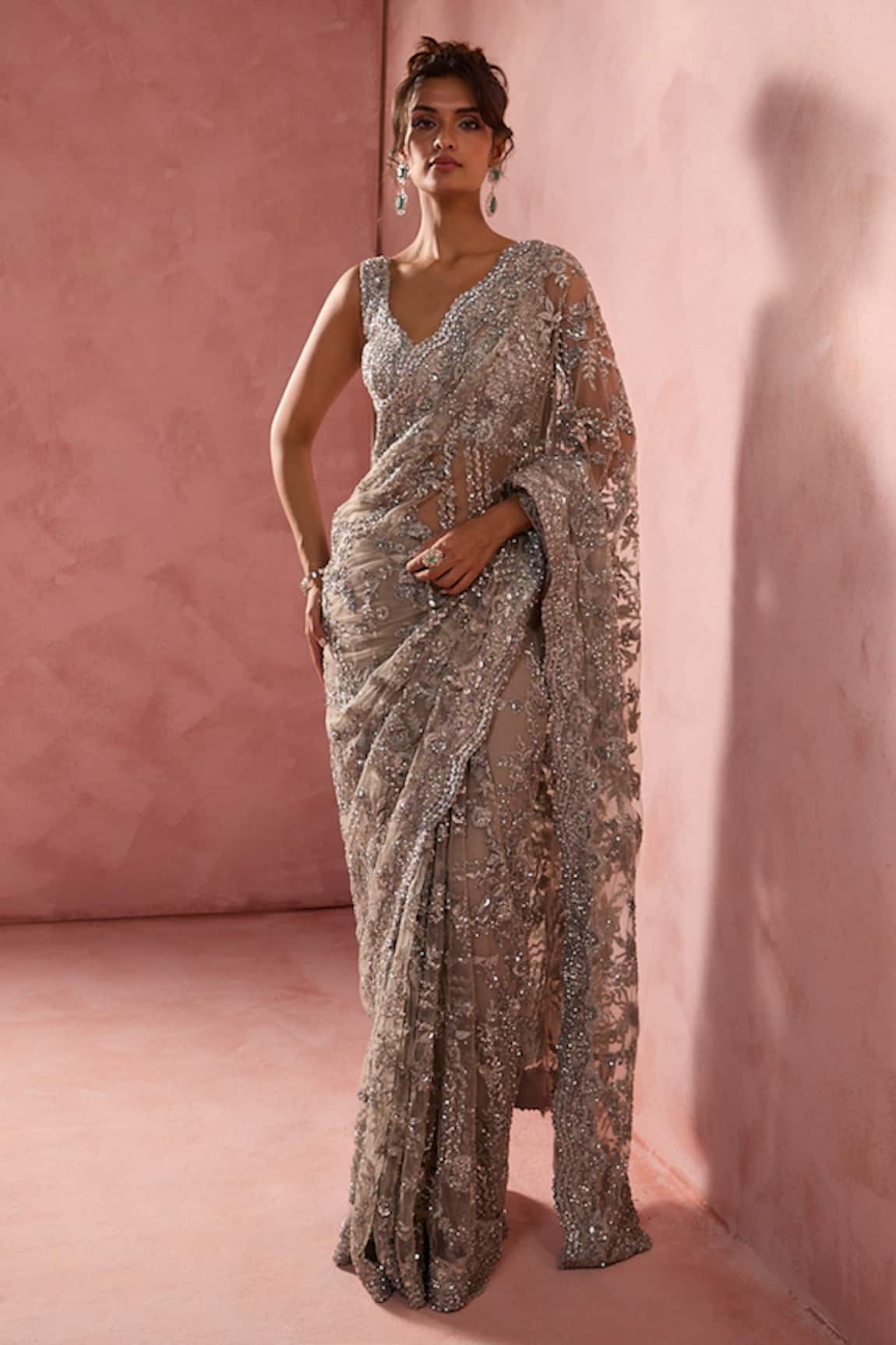 Nitika Gujral Crystal Embroidered Saree With Blouse 