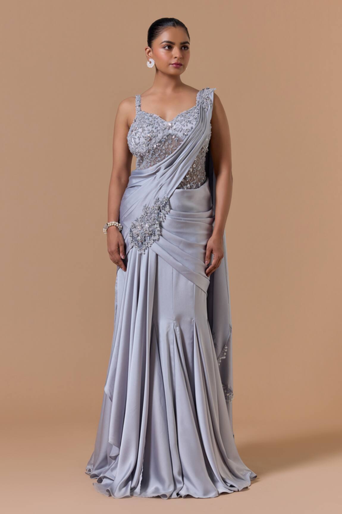 Nitika Gujral Placed Embroidered Pre-Draped Saree With Blouse 