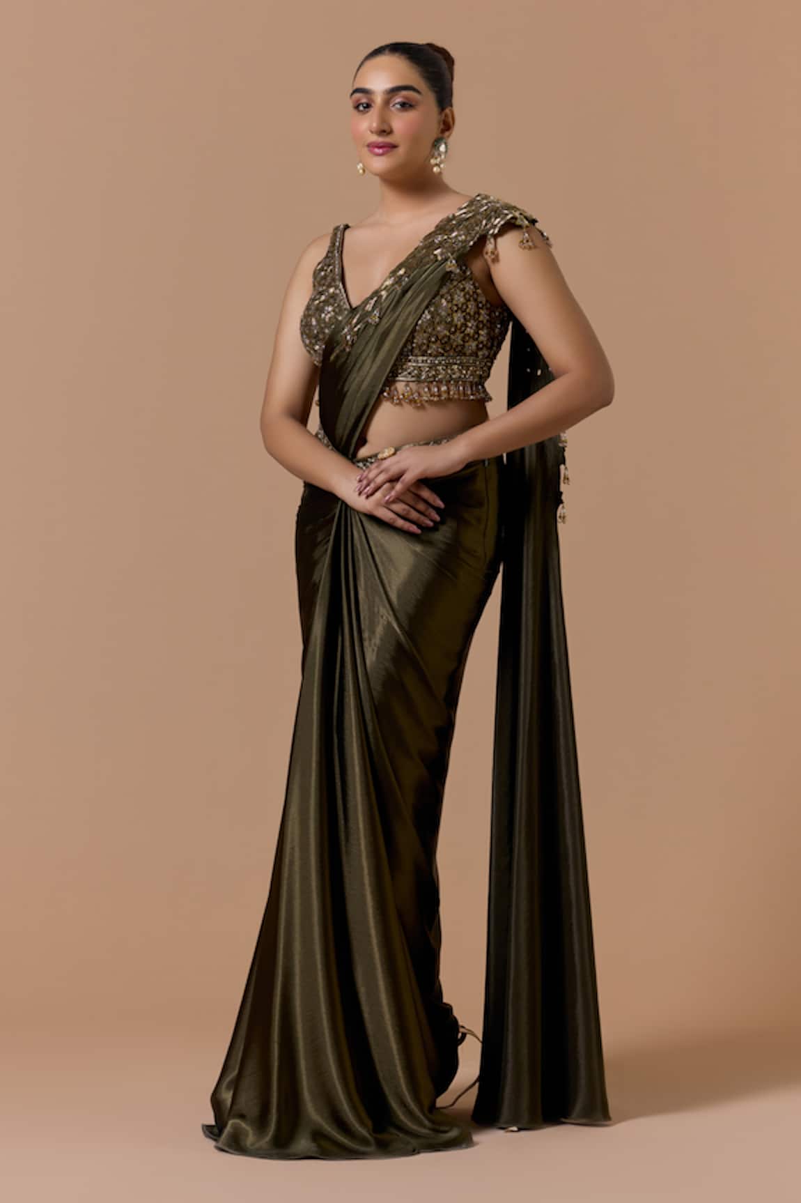 Nitika Gujral Olive Green Pre-Draped Saree With Embroidered Blouse 