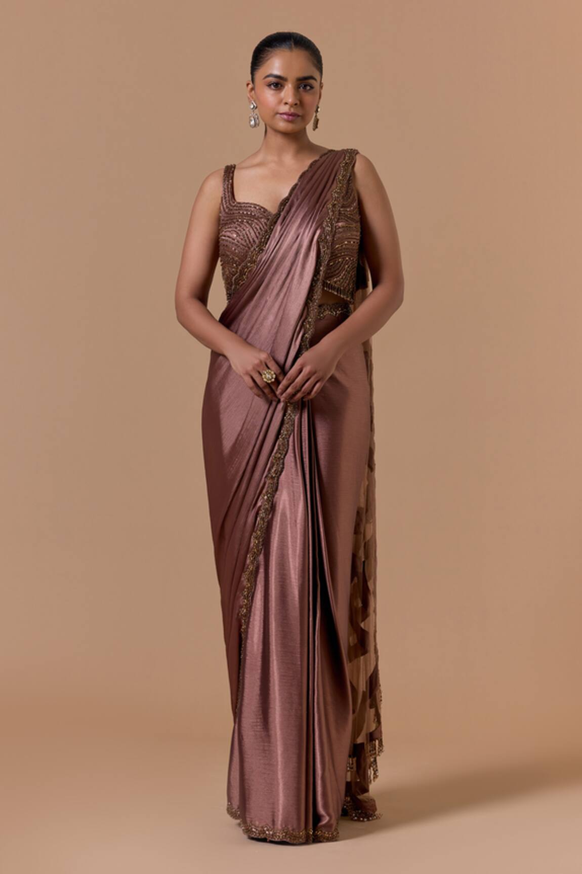 Nitika Gujral Copper Pre-Draped Saree With Embroidered Blouse 