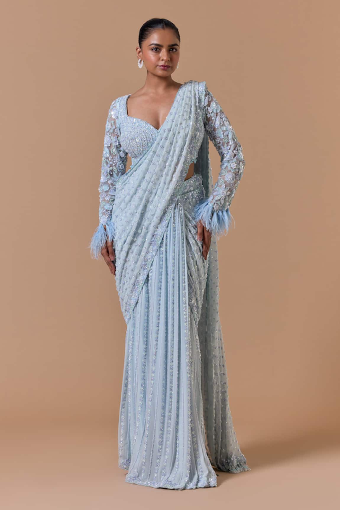 Nitika Gujral Crystal Work Pre-Draped Saree With Blouse 