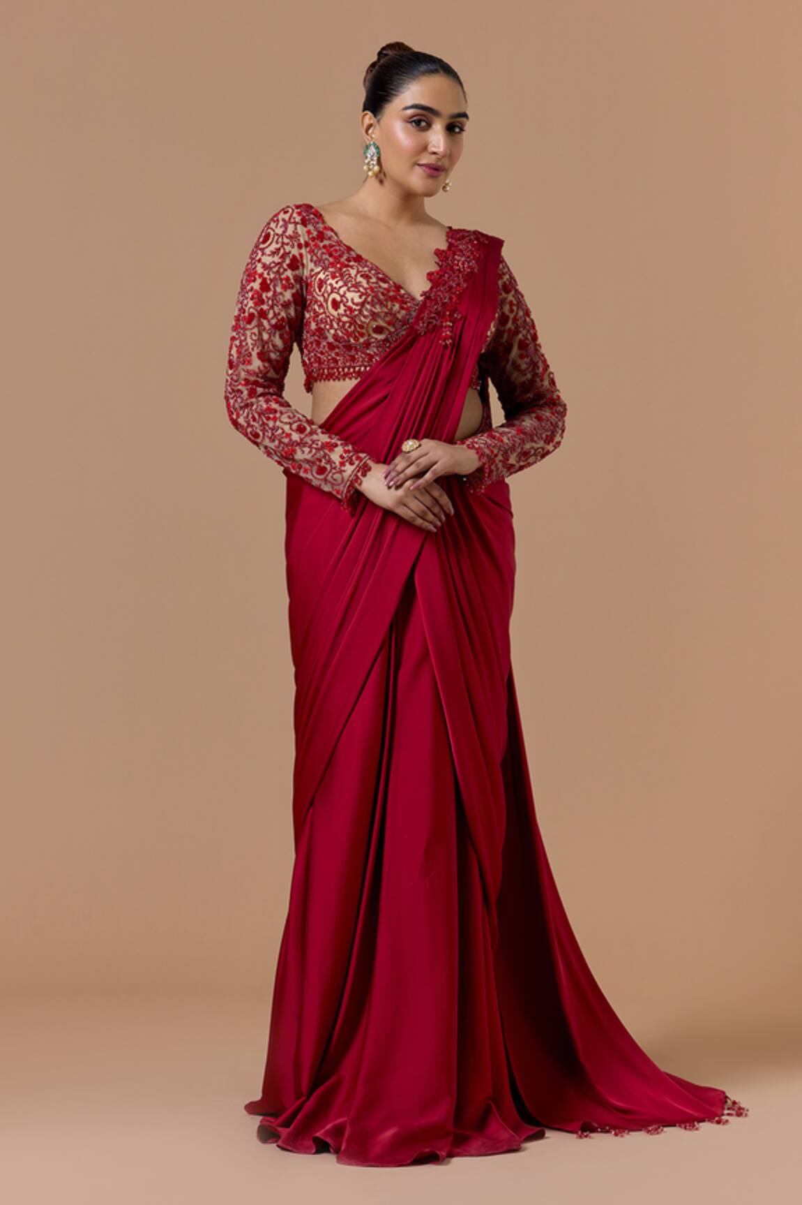 Nitika Gujral Red Pre-Draped Saree With Embroidered Blouse 