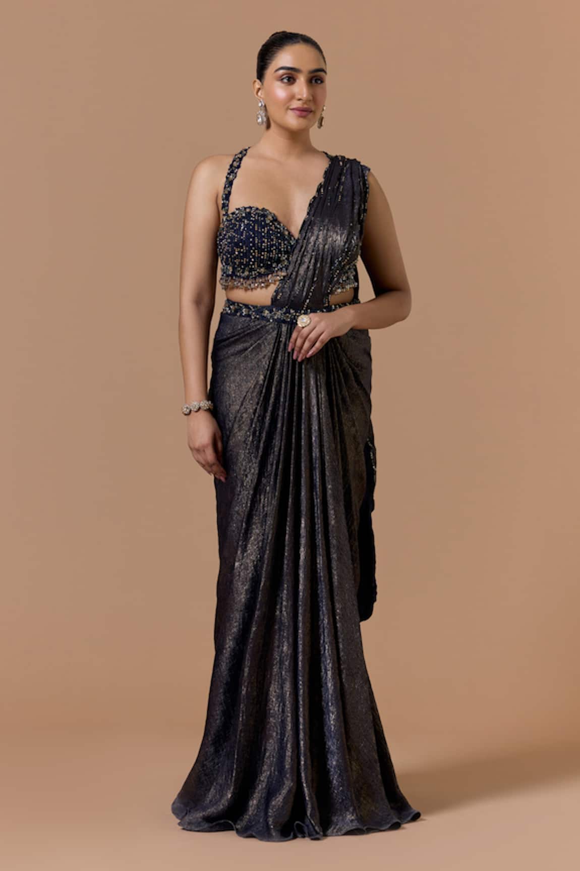 Nitika Gujral Navy Blue Pre-Draped Saree With Embroidered Blouse 