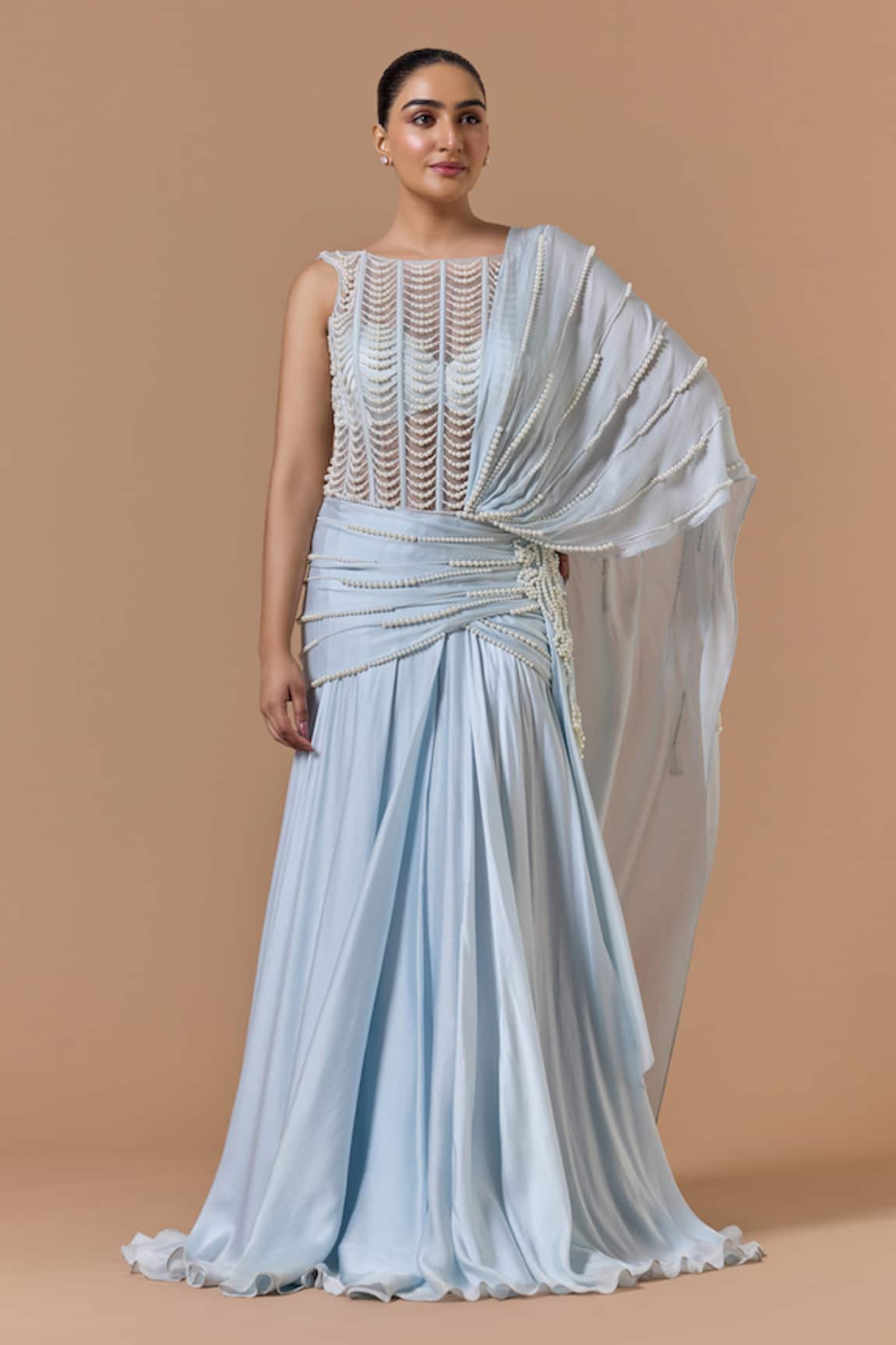 Nitika Gujral Pearl Work Saree Gown With Bustier 