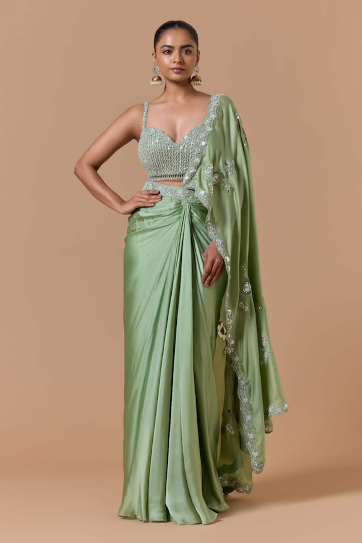 Nitika Gujral Jade Gree Pre-Draped Saree With Embroidered Blouse 