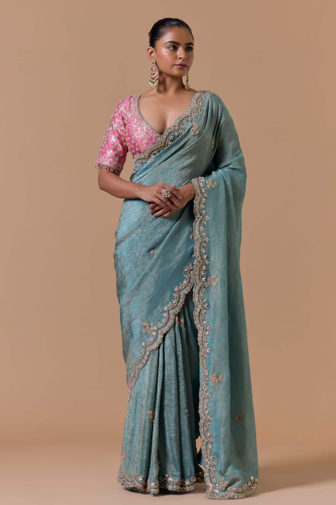 Nitika Gujral Scallop Border Saree With Brocade Blouse 