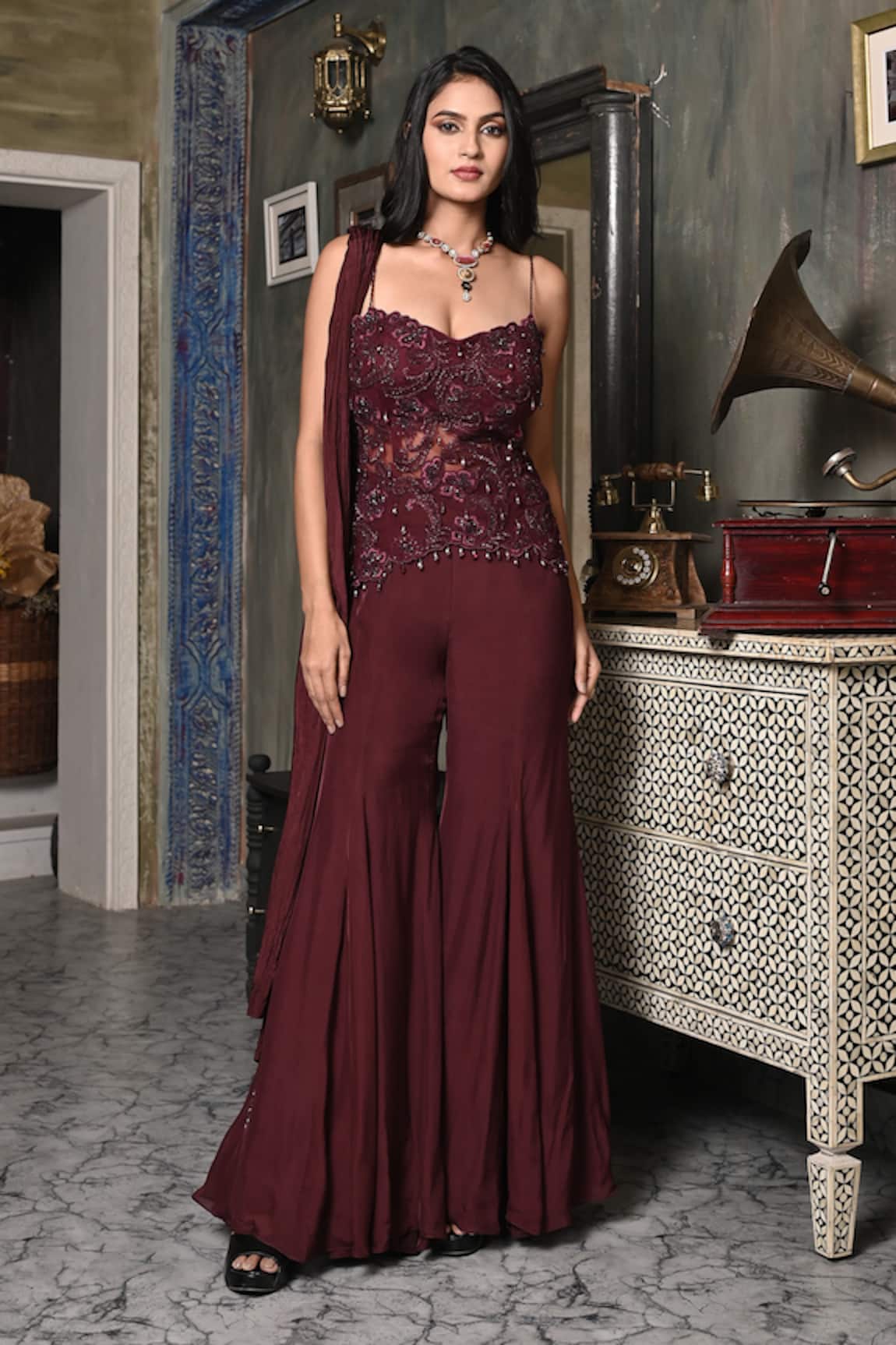 BAANI KHURANA Burgundy Top Sharara Set