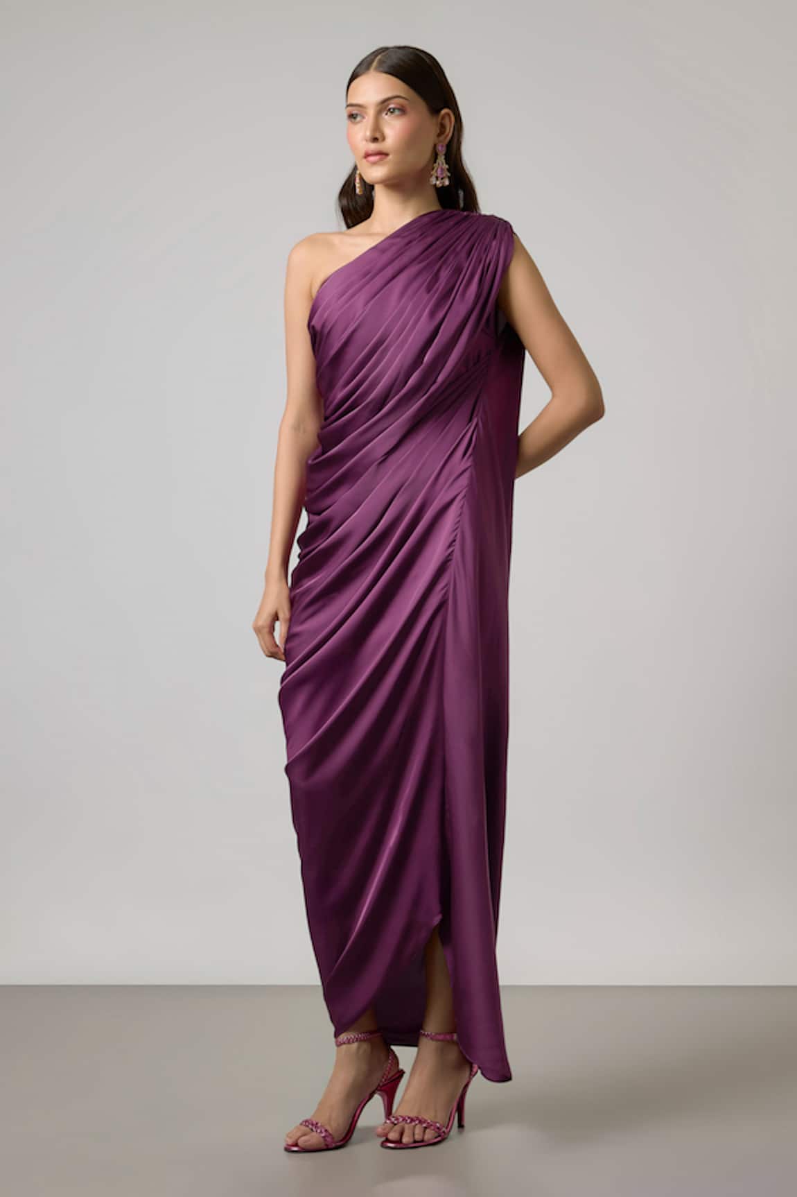 NA-KA One-Shoulder Pleated Top & Draped Skirt Set