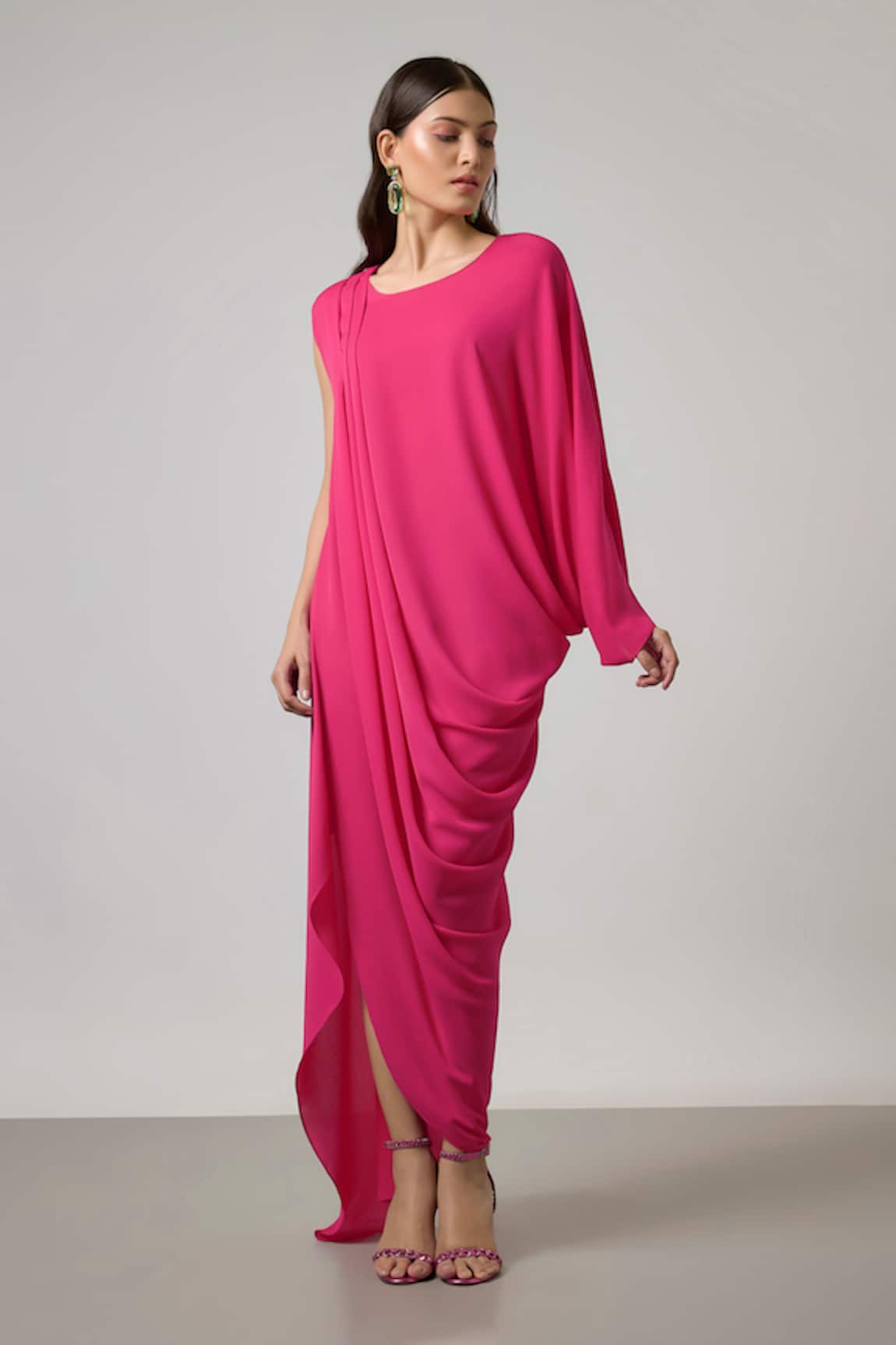 NA-KA Asymmetric Sleeve Pleated Cowl Gown