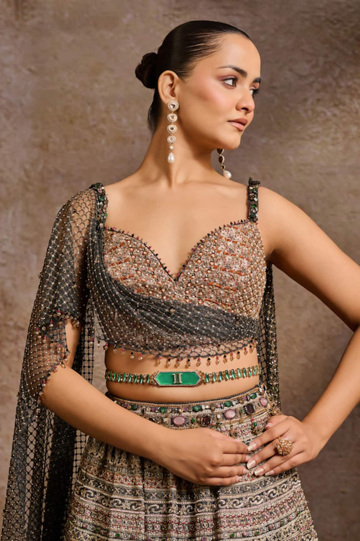 Tarun Tahiliani Crystal Jewelled Brooch Belt 