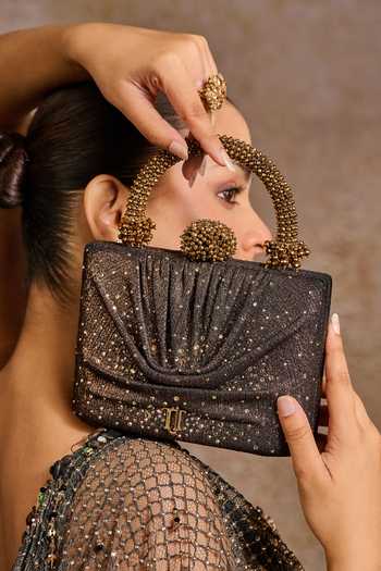 Tarun Tahiliani Draped Foil Jersey Embellished Clutch Bag 