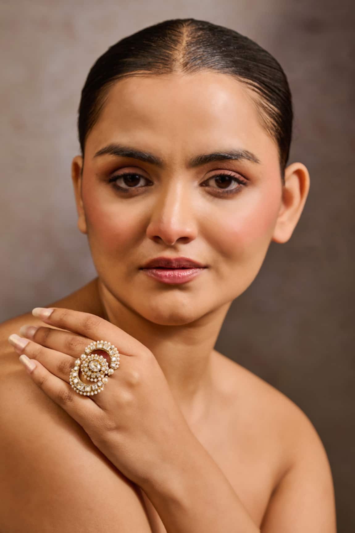 Tarun Tahiliani Crescent Studded Double Finger Ring