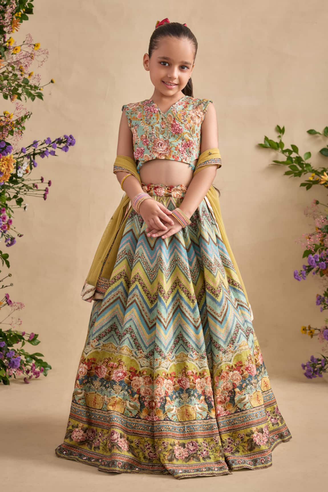 Kalista Pavika Floral & Chevron Print Lehenga Set