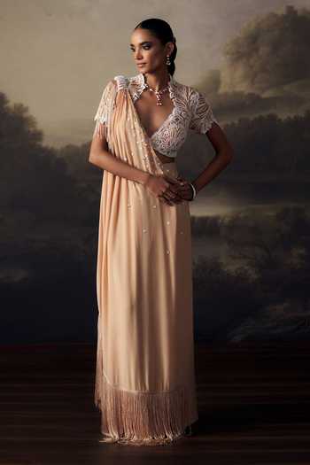 Ohaila Khan Embroidered Blouse With Pre-Draped Concept Kaftan Saree 
