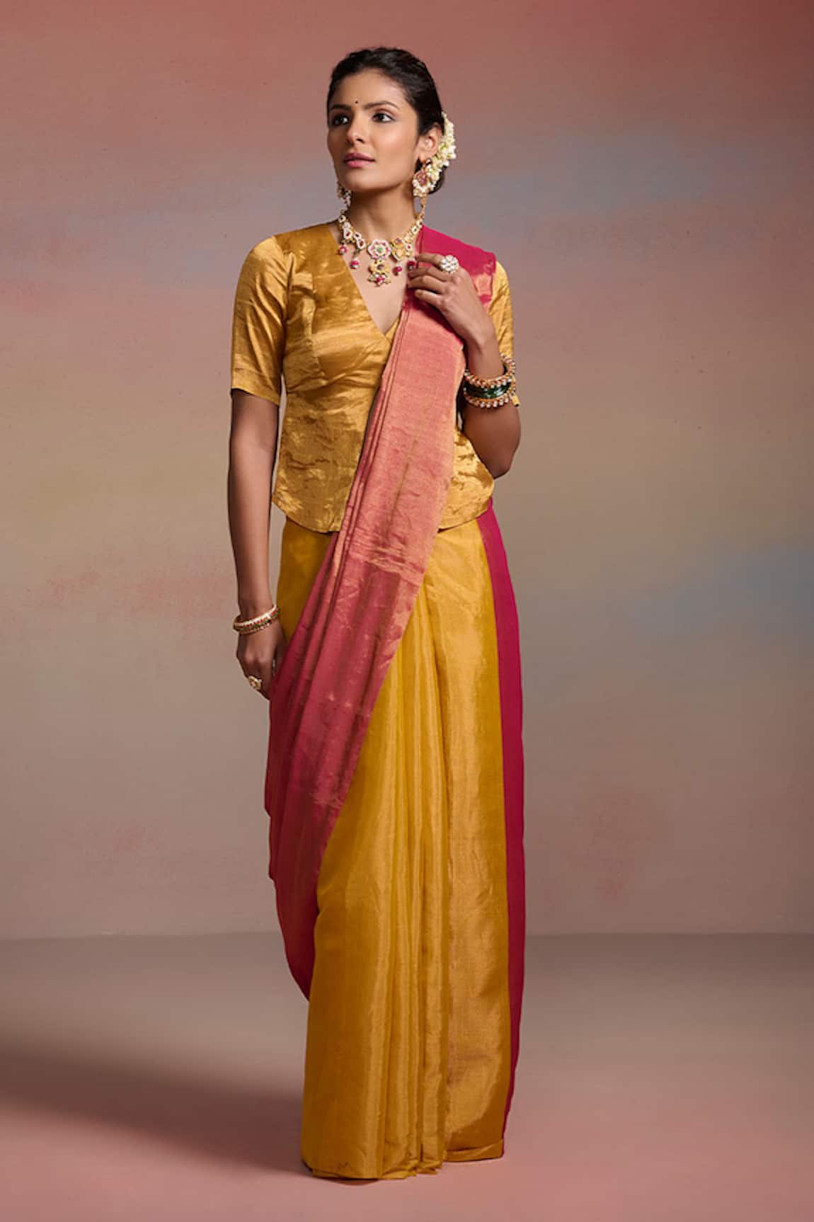 Dressfolk Rivya Tissue Saree With Unstitched Blouse Piece 