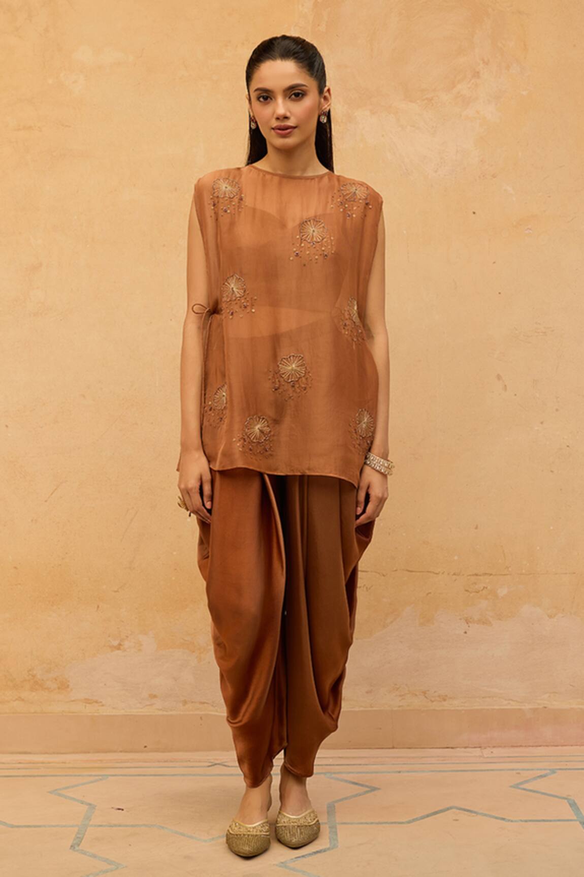 Maenaam Varee Embroidered Organza Top & Draped Pant Set