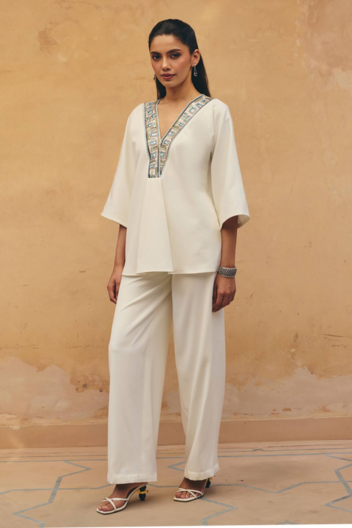 Maenaam Leina Geometric Embroidered Top & Pant Set