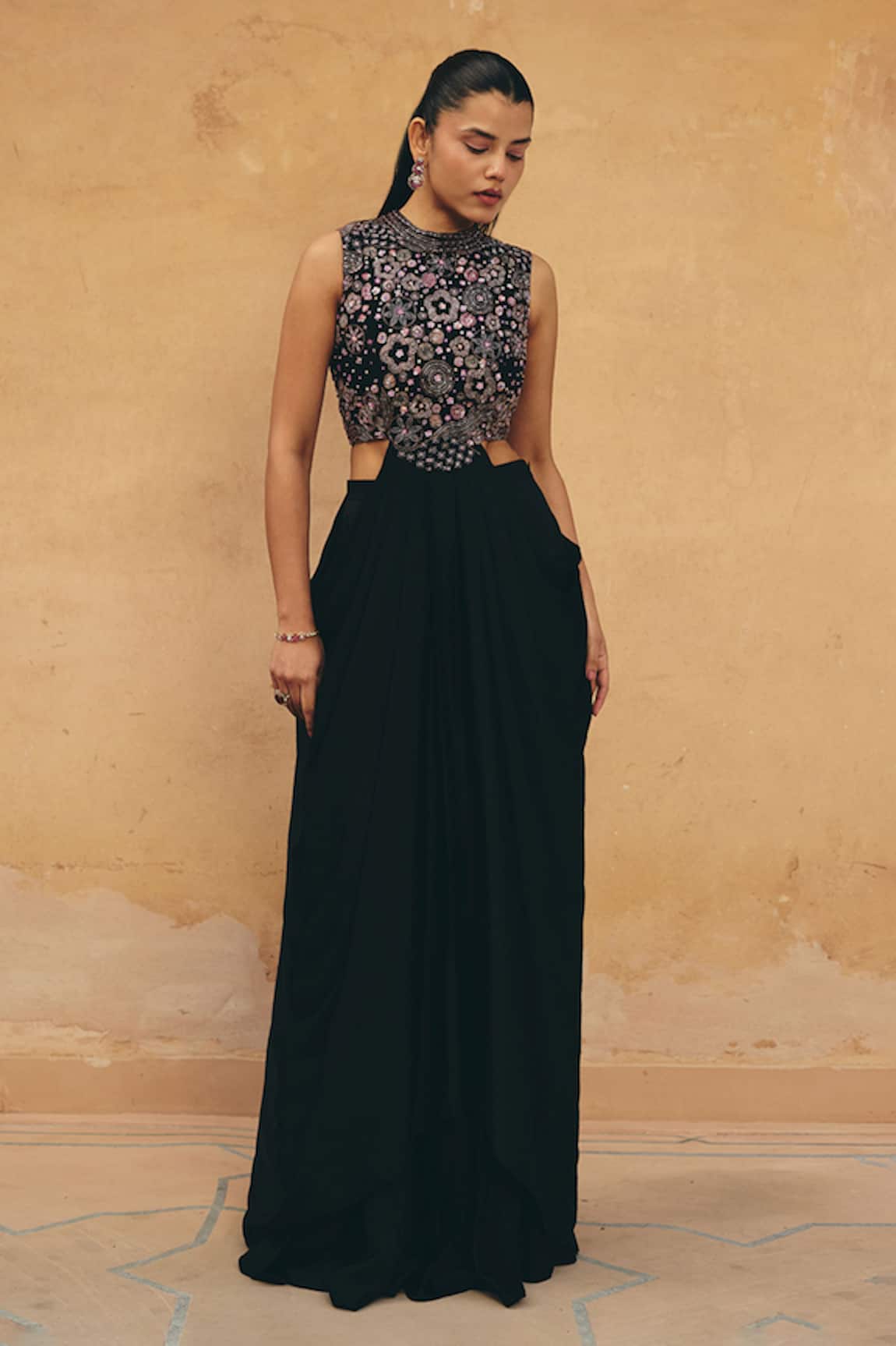 Maenaam Amira Embroidered Cut-Out Top With Skirt