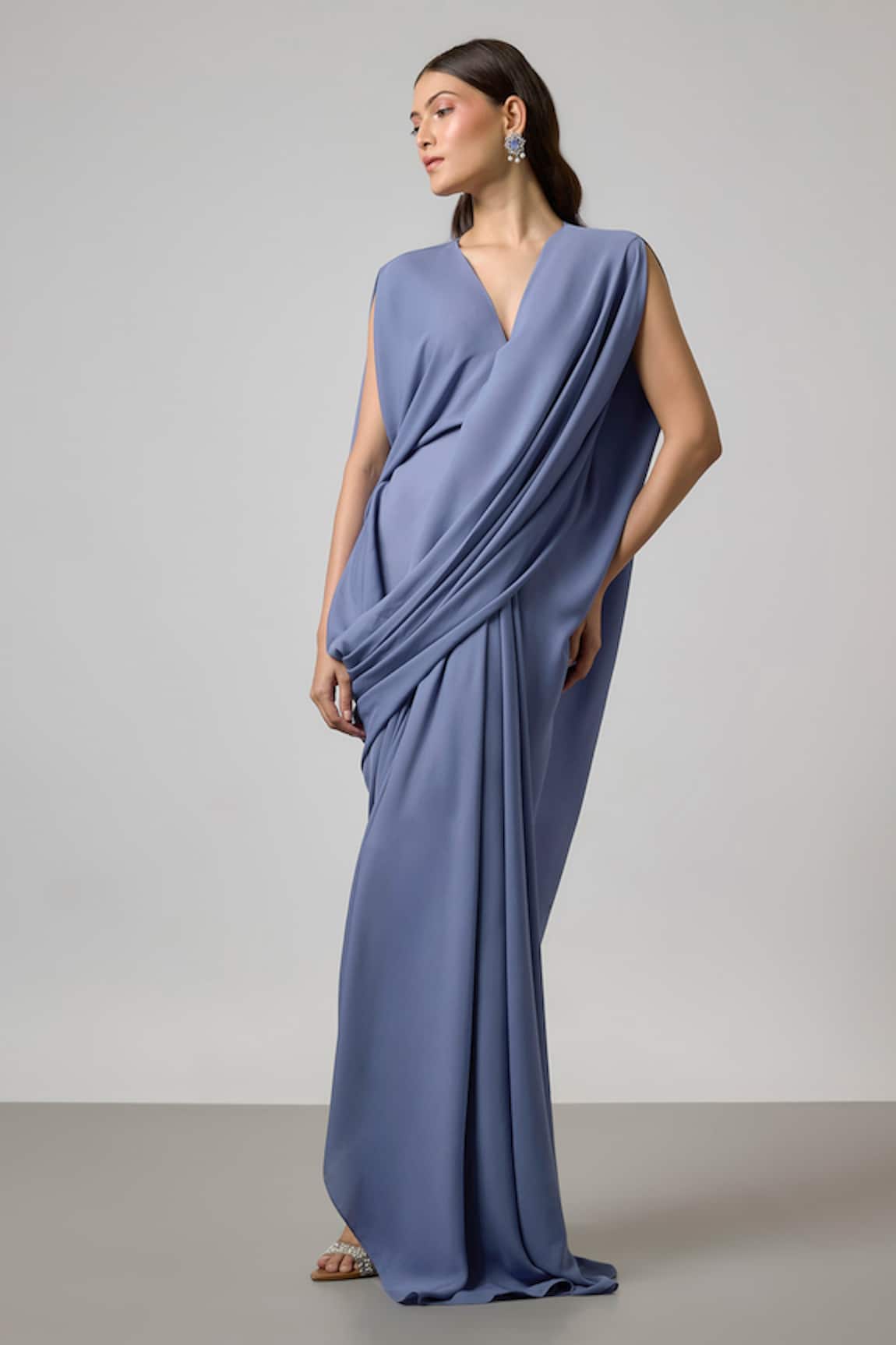 NA-KA Blue Georgette V-neck Double Pleated And Cowl Gown. 