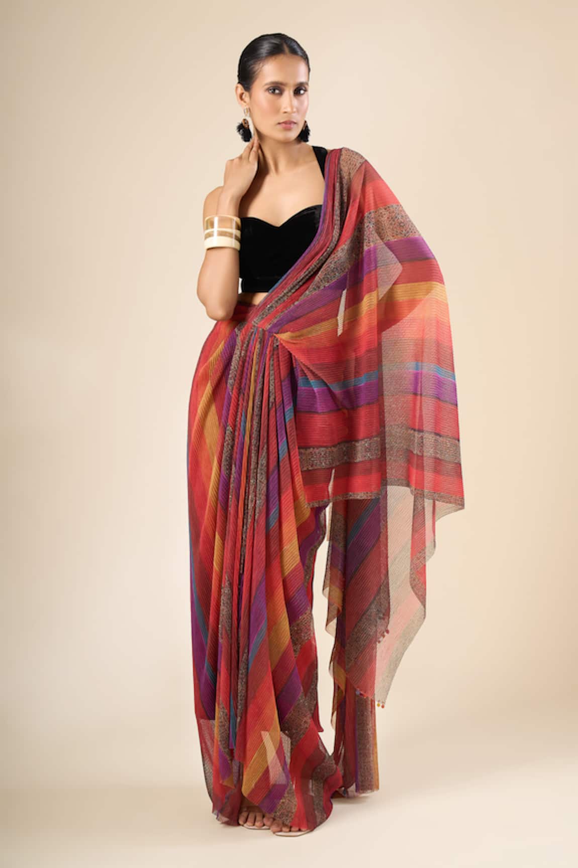 Tarun Tahiliani Stripe Print Pre-Draped Saree 