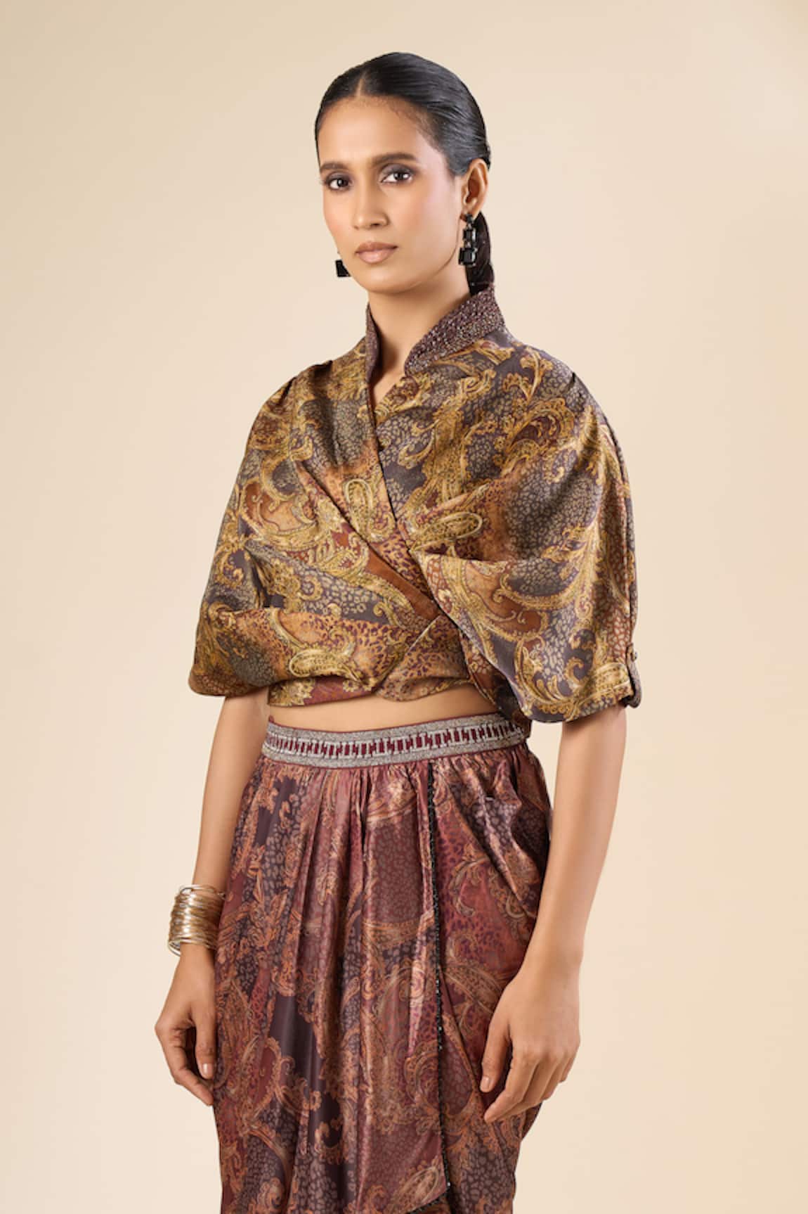 Tarun Tahiliani Printed Front Knot Collared Top 
