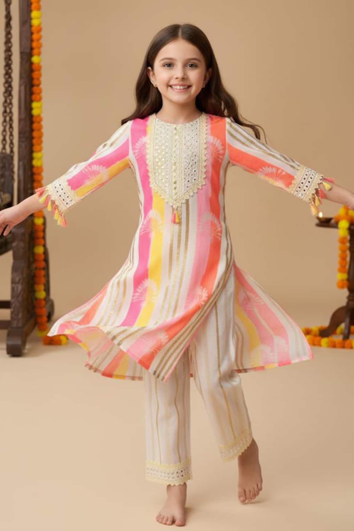 Minime Organics Striped Mirror Work Kurta & Salwar Set 