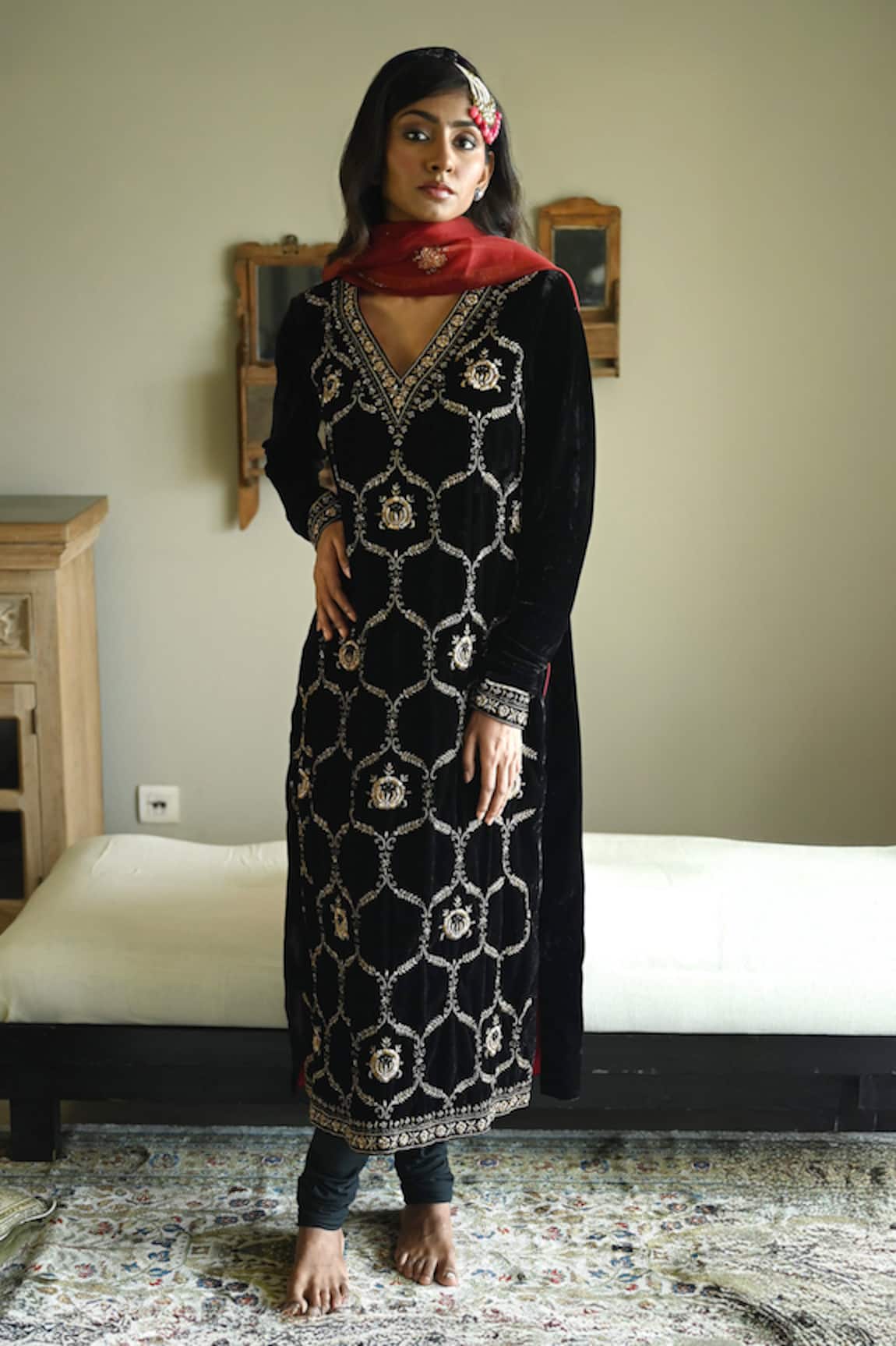 Shorshe Clothing Rumi Velvet Zardozi Embroidered Kurta With Churidar 