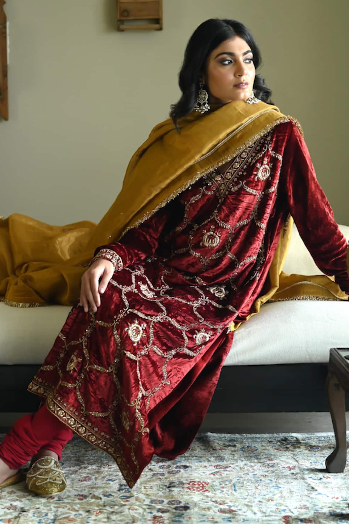 Shorshe Clothing Rumi Velvet Zardozi Embroidered Kurta & Churidar Set 