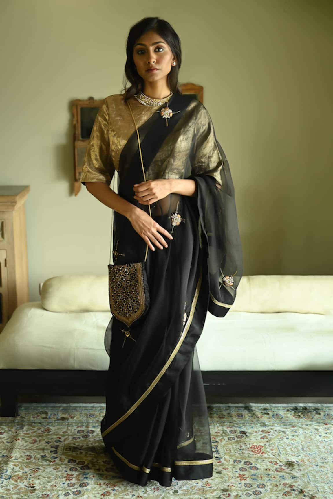 Shorshe Clothing Rubina Cross Butta Patchwork Organza Saree 