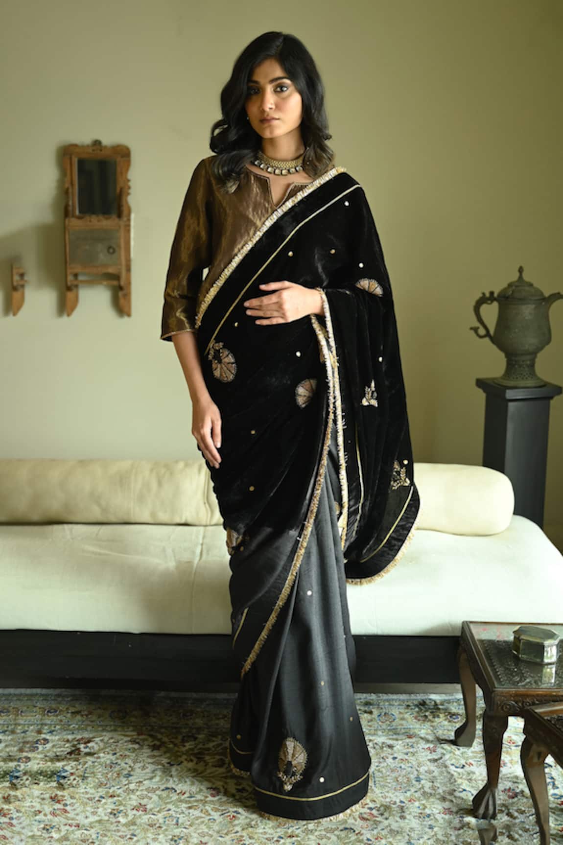 Shorshe Clothing Zubeida Velvet & Silk Embroidered Saree 