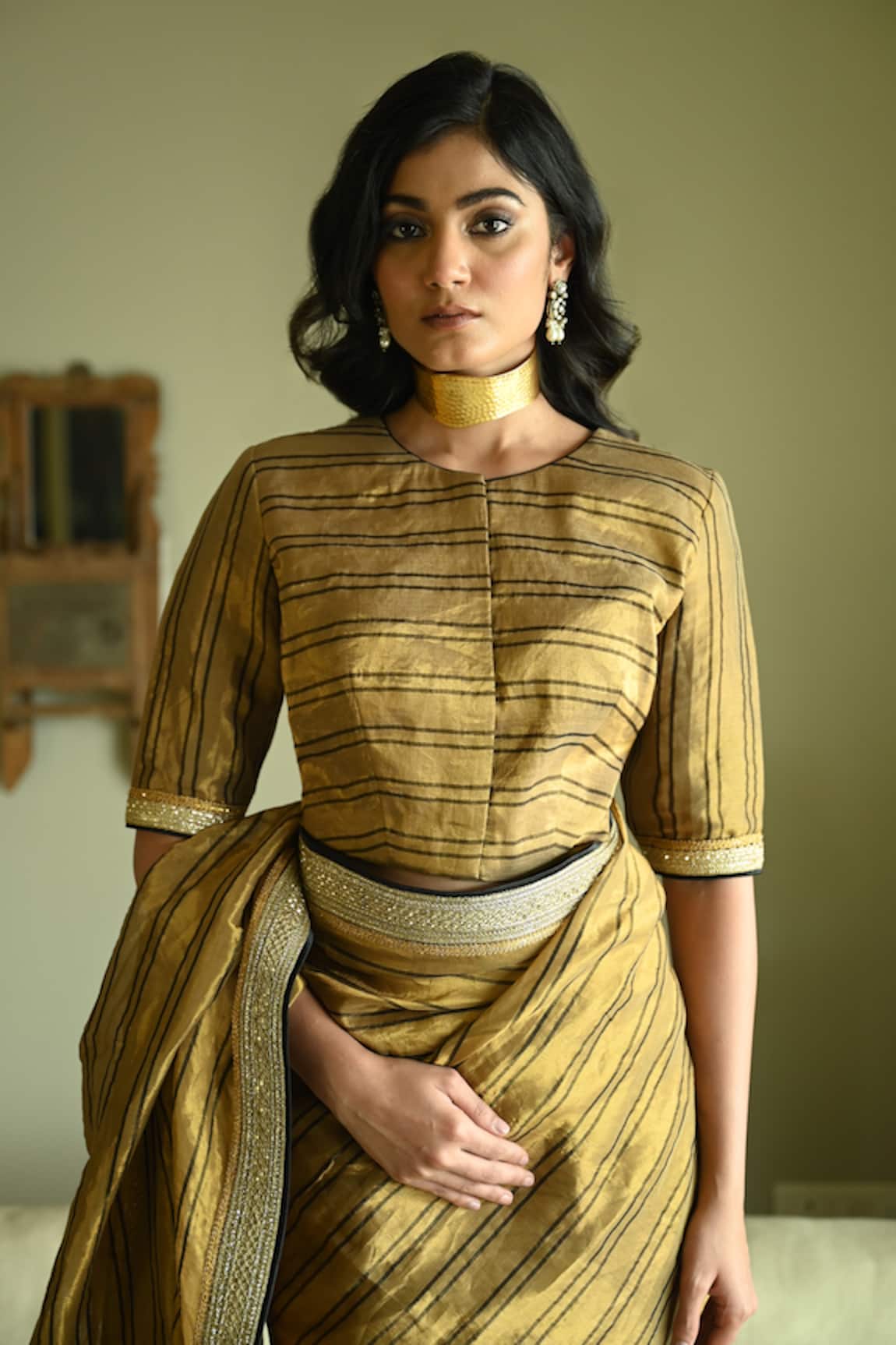 Shorshe Clothing Stripes Tissue Lakeer Zero Neck Blouse 