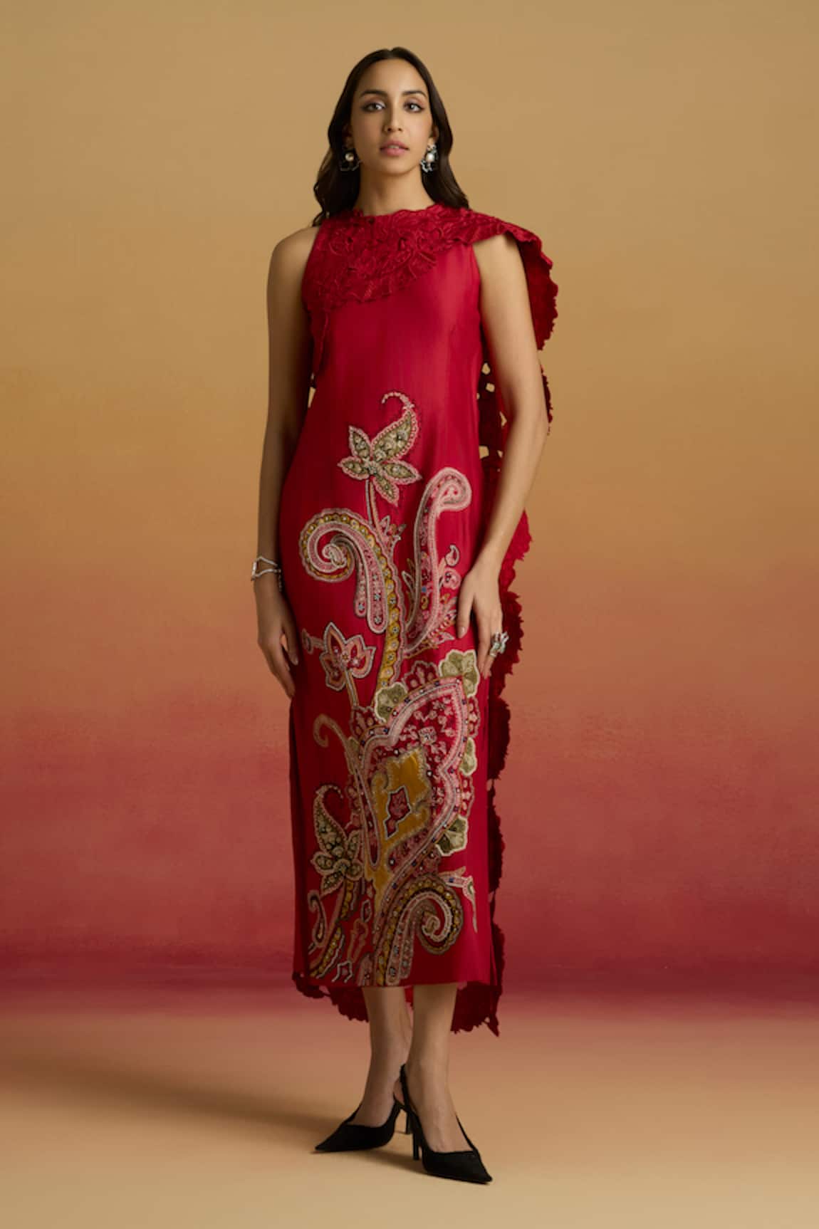 Chandrima Red Draped Detail Embroidered Straight Dress 