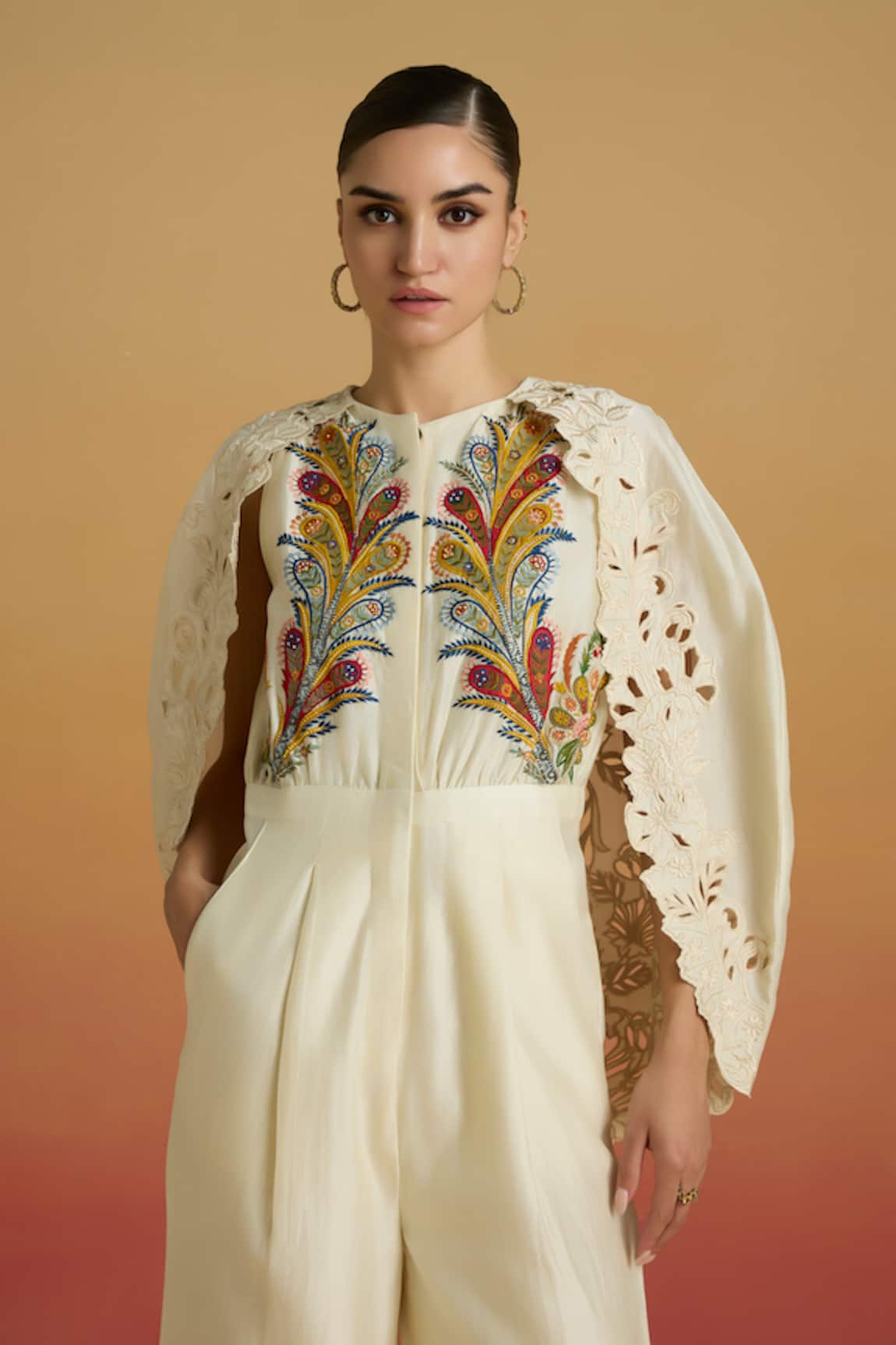 Chandrima Ivory Embroidered Cape Jumpsuit 