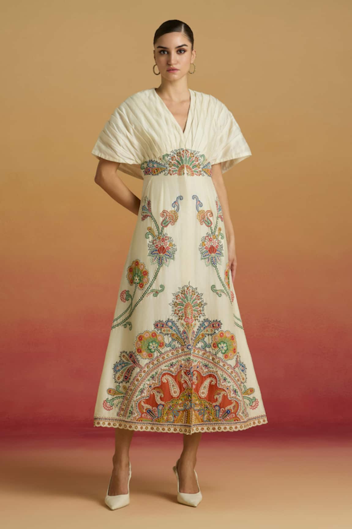 Chandrima Ivory Pleated Embroidered Midi Dress 