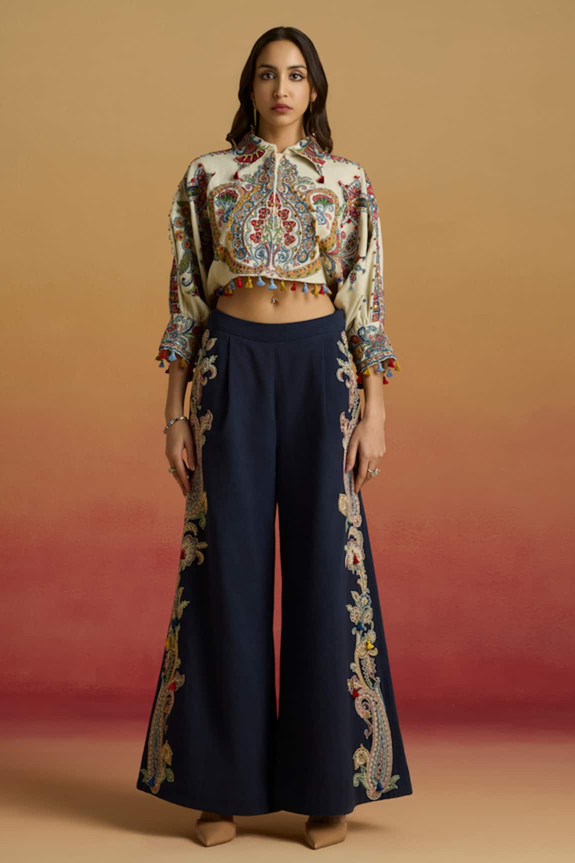 Chandrima Indigo Contrast Paisley Flared Pant 