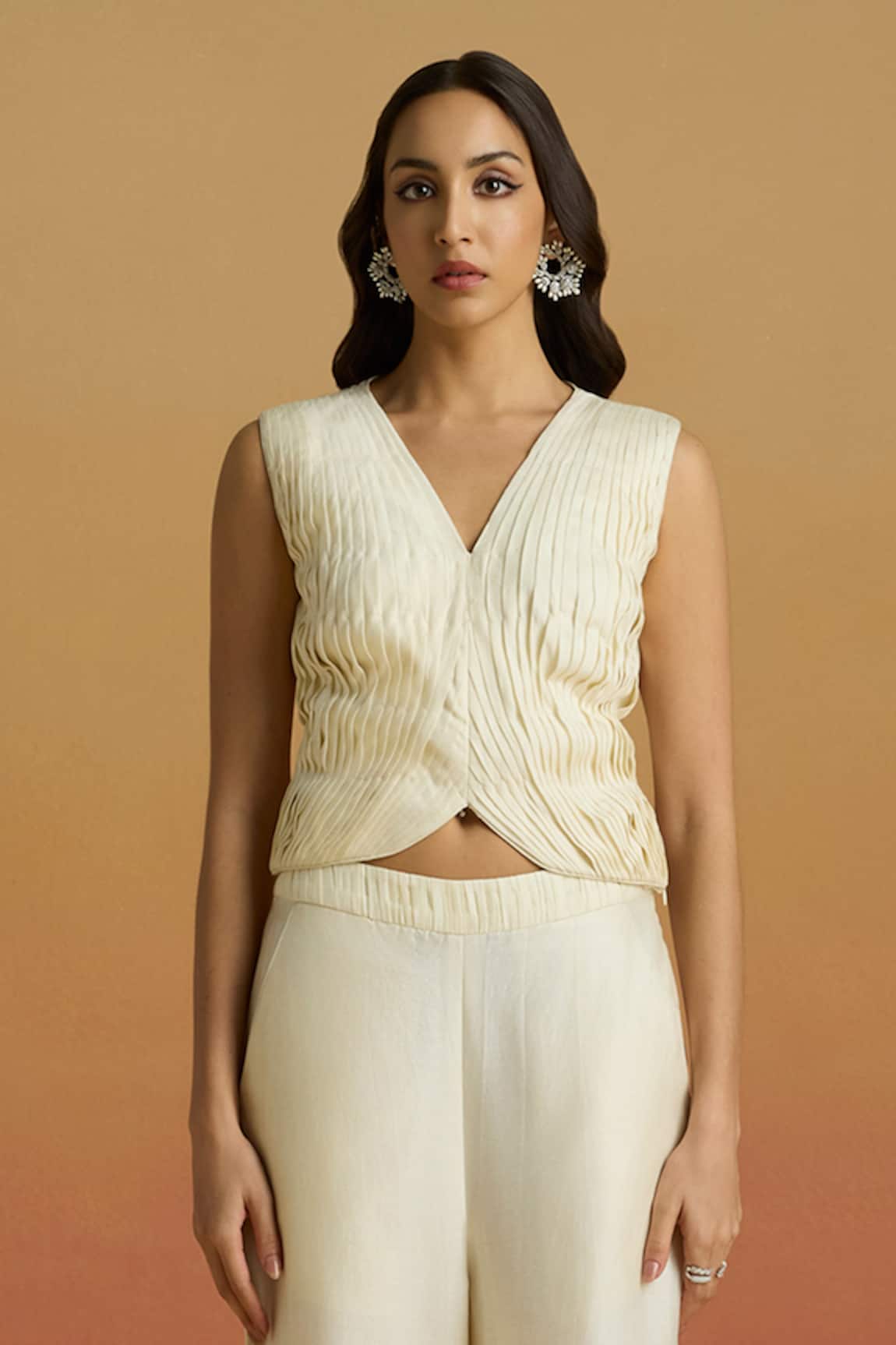 Chandrima Ivory Pleated Crop Top 