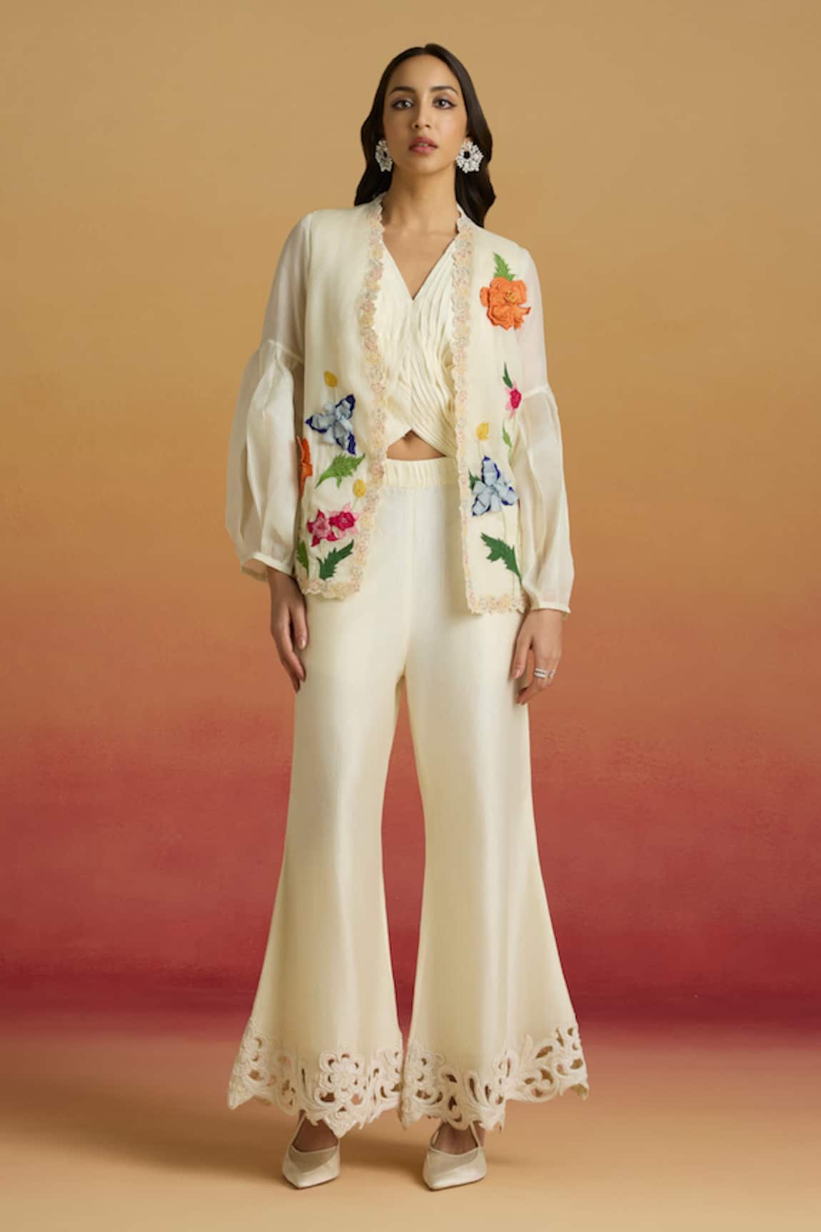 Chandrima Ivory Cord Work & Beadwork Bell Bottom Pant 