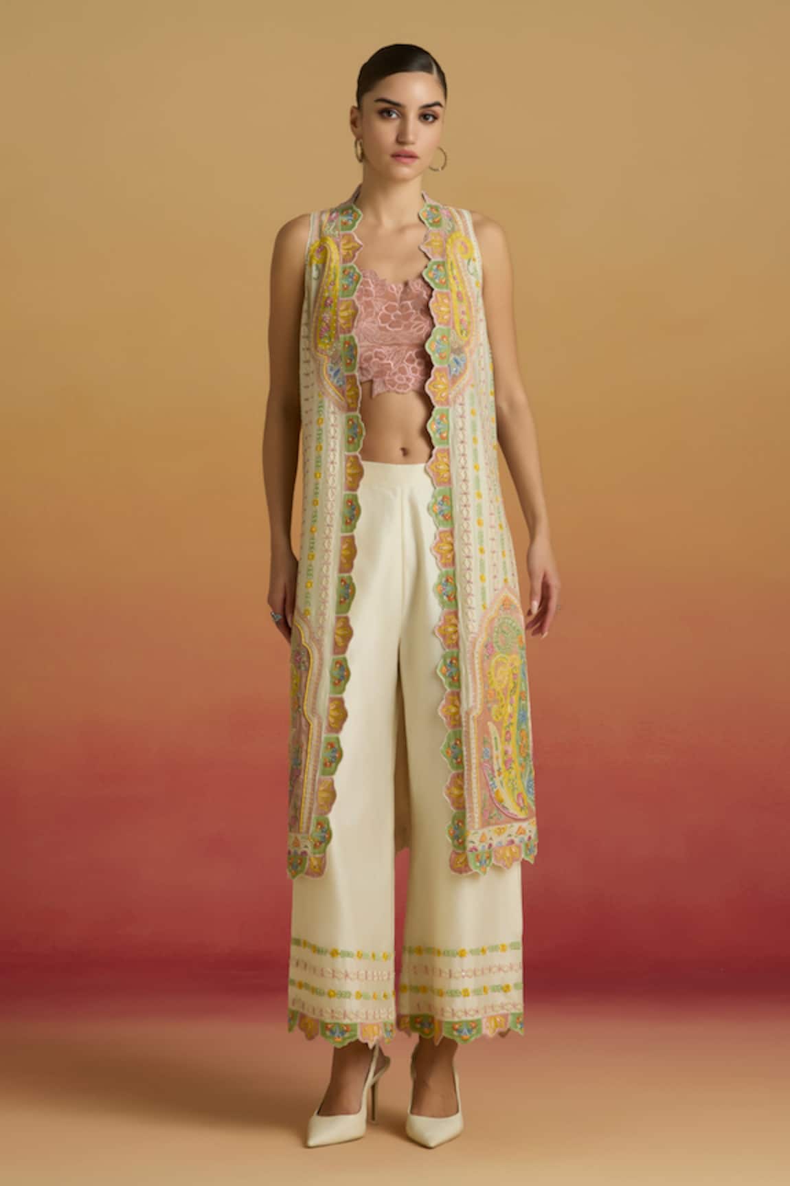 Chandrima Applique Stripe Embroidered Hem Pant 