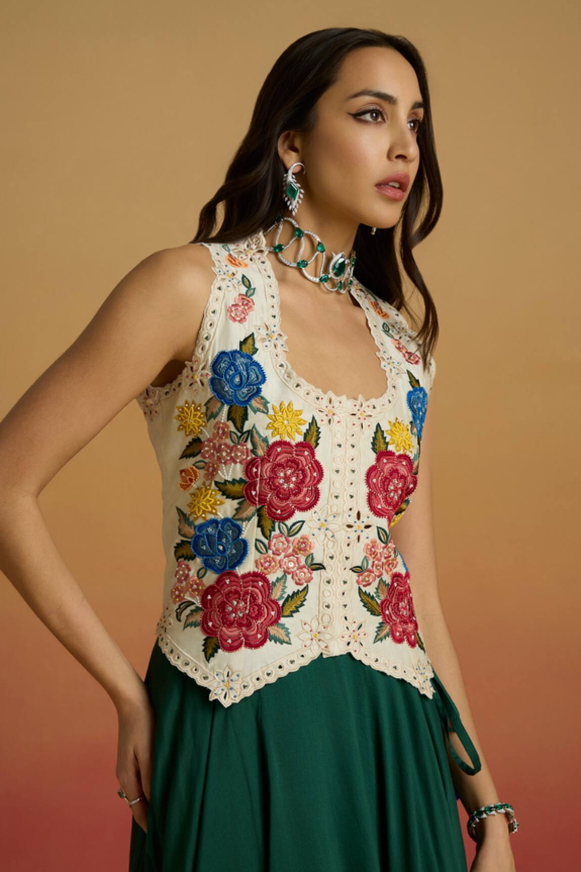 Chandrima Ivory Floral Foliage Waistcoat 